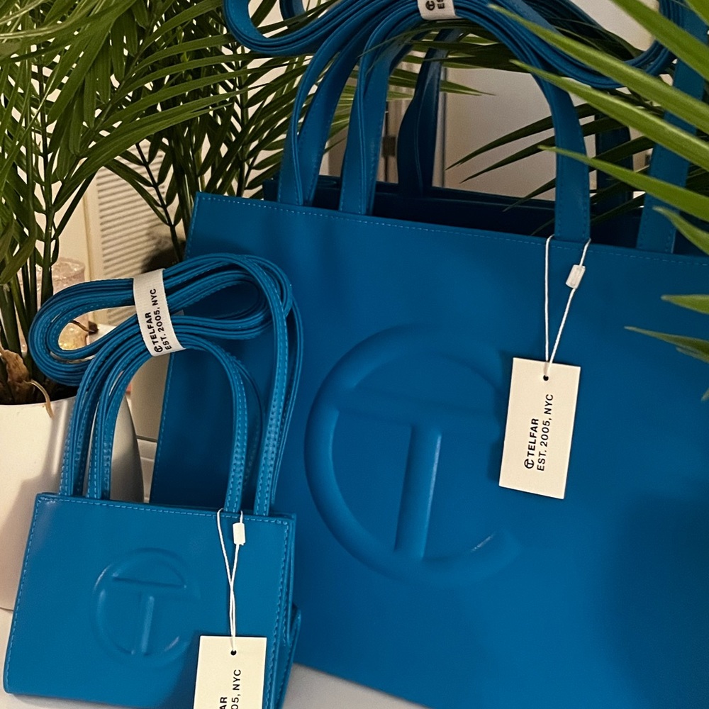 💙 SET NWT TELFAR Cyan blue SET of TWO - medium & small shopping bag totes 💙 - Picture 2 of 14